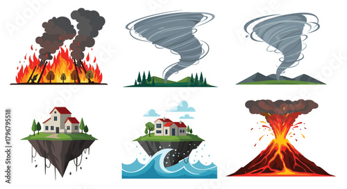 Cartoon illustration depicting various natural disasters including wildfires, tornadoes, land erosion, tsunamis, and a volcanic eruption.