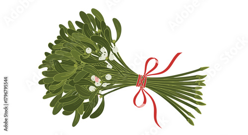 A festive sprig of mistletoe with white berries and a bright red ribbon, traditionally associated with holiday romance and winter celebrations.