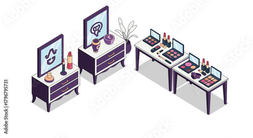 Isometric view of a stylish makeup vanity setup with various cosmetics and accessories displayed on purple furniture, creating a beauty and fashion aesthetic.