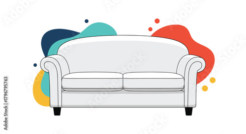 A clean, white sofa is centered against a colorful abstract background of flowing shapes and dots, offering a modern and inviting living room aesthetic.