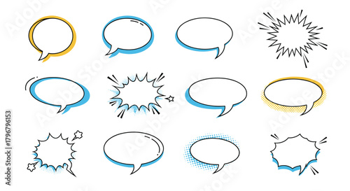 Collection of colorful comic book speech bubbles and explosion effects in various styles, perfect for dialogue and sound design in graphic projects.