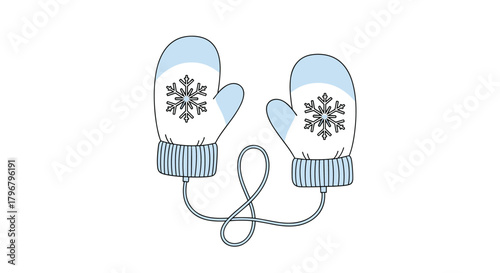 A charming illustration depicts a pair of light blue winter mittens connected by a playful string, each adorned with a delicate snowflake design, evoking a cozy and festive winter scene.