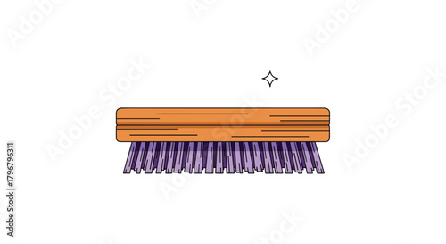 A colorful illustration depicts a rectangular cleaning brush with a wooden handle and purple bristles, suggesting cleanliness and household chores.