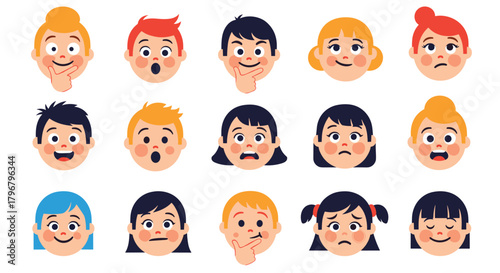 Diverse group of cartoon children's faces displaying a range of emotions including happiness, sadness, surprise, and thoughtfulness, ideal for educational materials.