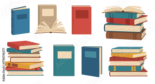 Colorful collection of books in various arrangements, including stacks and an open volume, representing knowledge and literature.