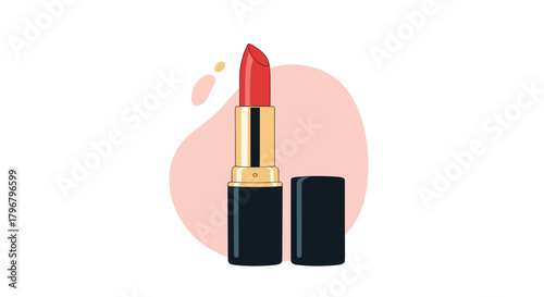 A vibrant red lipstick tube stands with its cap beside it against a soft pink abstract background, showcasing beauty and cosmetic products.