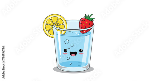 A cheerful glass of water is garnished with a slice of lemon and a fresh strawberry, creating a refreshing and healthy beverage illustration.