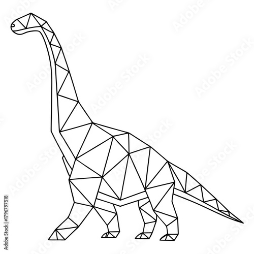 Geometric line drawing of a sauropod dinosaur with long neck and tail, composed of interconnected triangles.
