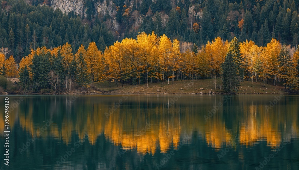 Obraz premium Vibrant autumn landscape featuring golden foliage reflecting in the tranquil waters of a mountain lake, seasonal change