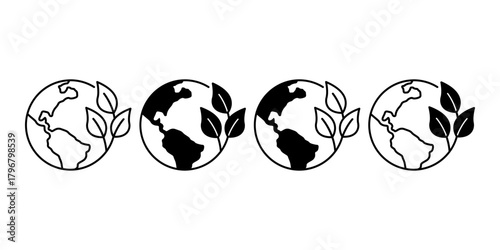 Earth Globe with Leaf Black Icon Bundle for Eco Friendly Planet and Nature Conservation