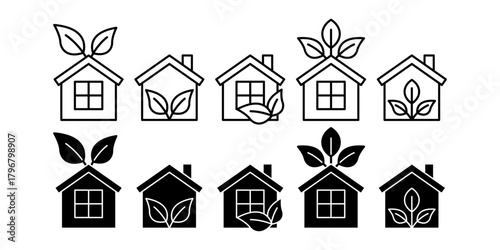 Eco House Black Icon Bundle for Sustainable Living and Energy Efficient Home Design