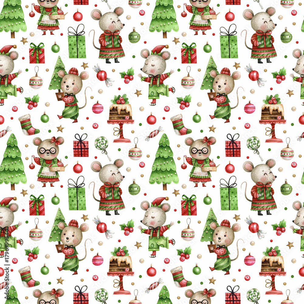 Naklejka premium Watercolor seamless pattern with cute characters mice, gifts, xmas tree and decor. Christmas seamless pattern for cards, wrapping paper, invitations and other purposes.