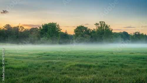 Fototapeta Naklejka Na Ścianę i Meble -  The meadow is enveloped in mist, highlighting the seasonal change