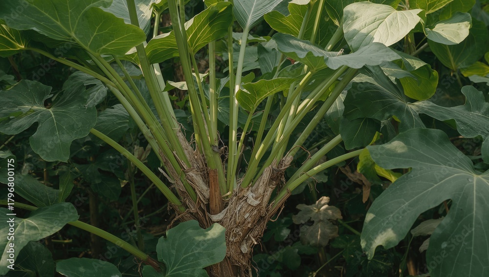 Obraz premium Leaves of the cassava plant, young green vegetable harvested for its nutritional value, fiber-dense choice