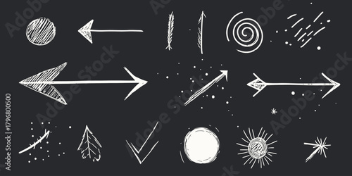 Set of hand drawn white chalk arrows, circular scribbles, checkmarks, and sparkle doodles on black chalkboard background for design and decoration elements vector illustration