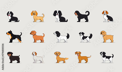 Collection of small dog breed icons in flat minimalist vector style including French Bulldog, Beagle, Corgi, Dachshund, Shih Tzu, and other popular indoor pets illustration