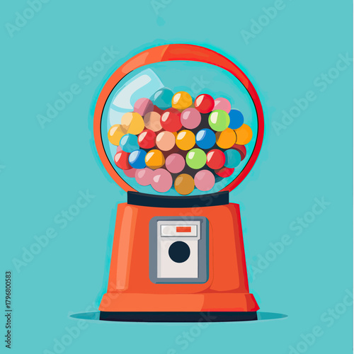 Bright orange retro gumball machine filled with colorful round candy balls on blue background flat vector illustration for kids and entertainment concept