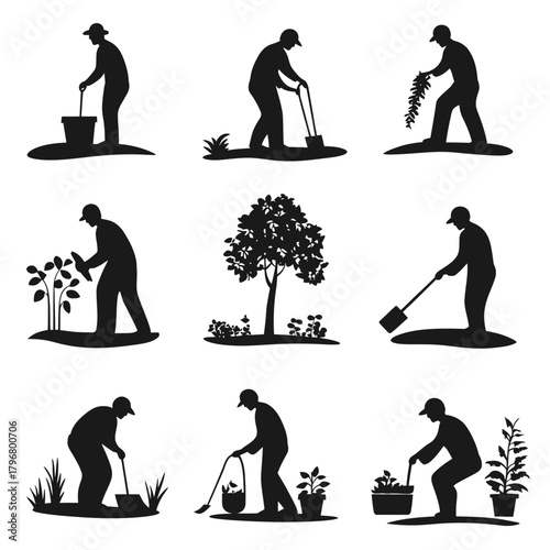 Set of nine black silhouette gardeners performing various gardening activities including planting, digging, watering, trimming, and harvesting in flat minimalist vector style