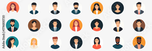 Flat minimalist vector set of diverse male and female user avatar profile icons with varied hairstyles and clothing colors in circle frames for social media and digital identity representation