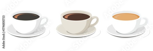 Three cups of coffee with different colors in white ceramic cups on white background flat minimalist vector illustration showing black coffee, medium roast, and coffee with milk