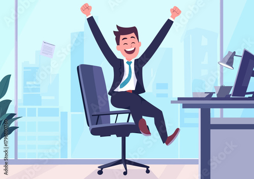 Cheerful businessman jumping from office chair celebrating success in modern workspace with city view and desk accessories in flat vector style