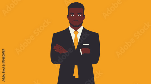 Confident African businessman in black suit and orange tie with crossed arms standing against solid orange background flat minimalist vector illustration
