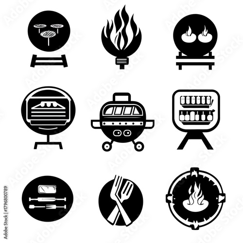 Set of nine black barbecue grill and cooking icons with fire flame, utensils, and food in flat minimalist vector style on white background