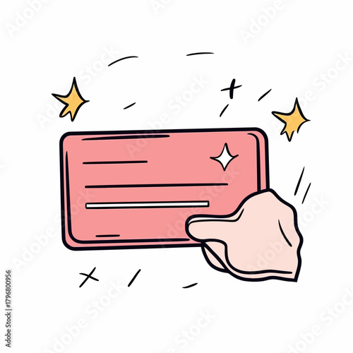 Hand holding red bonus card with sparkling stars loyalty program discount coupon sketch doodle vector illustration flat minimalist style