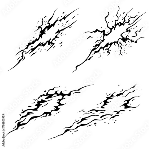 Set of four black comic style lightning crack effects with varying jagged shapes and dynamic energy lines isolated on white background vector illustration