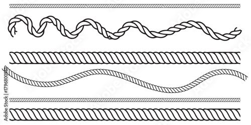 Rope set. Hand drawn doodle ropes isolated in various shapes, nautical cords. Rope circle border. Marine and climbing Cords templates. Vector illustration for decoration, crafts, sailing Ten Rope knot