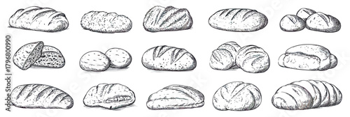 Hand drawn sketch bread loaf set including sourdough baguette ciabatta buns and rolls vintage rustic bakery products collection vector illustration