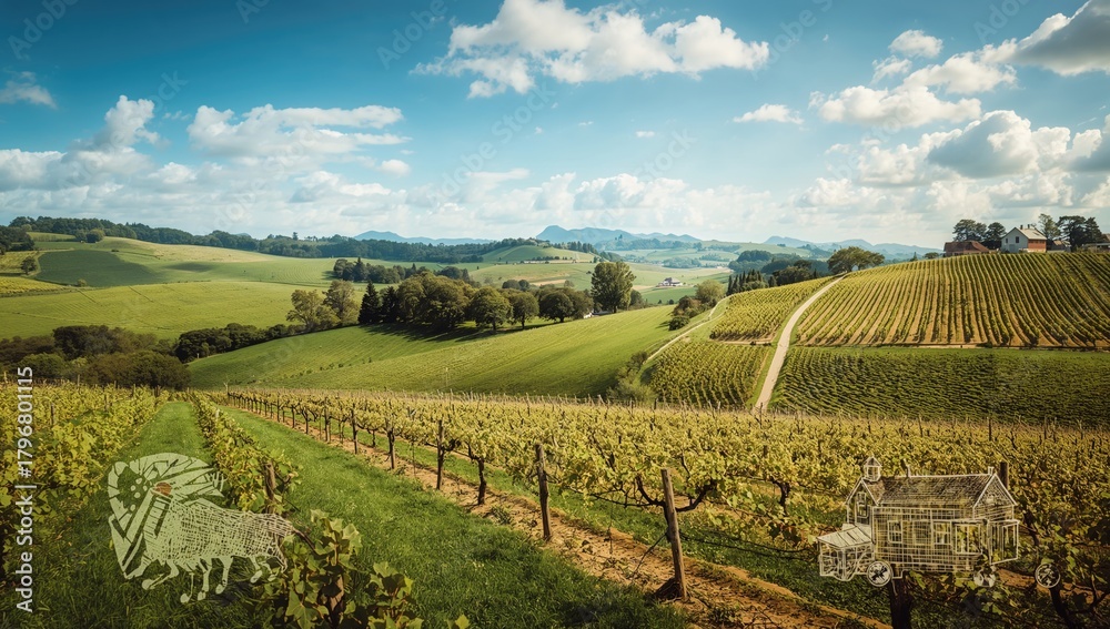 Naklejka premium Vineyard landscape featuring agricultural hand-drawn illustrations of farms and houses, emphasizing seasonal change