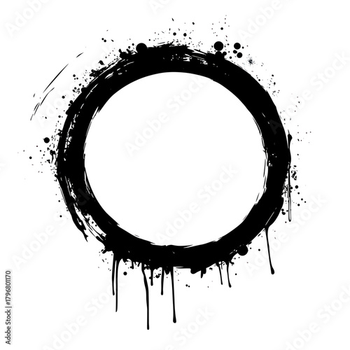 Grunge black circular spray paint frame with dripping ink splatters and rough stencil effect isolated on white background for design border or background element