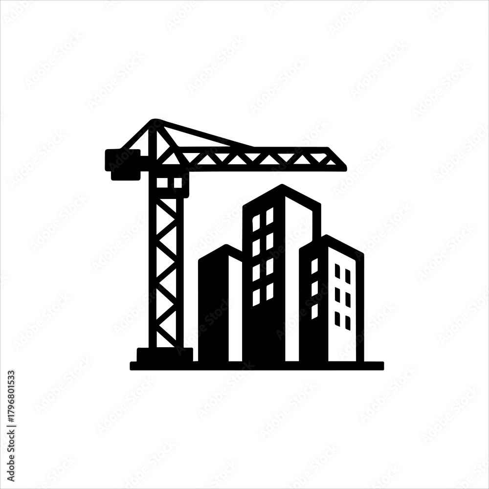 Naklejka premium Construction Site Silhouette Crane and Buildings - Symbol of Urban Development and Industry
