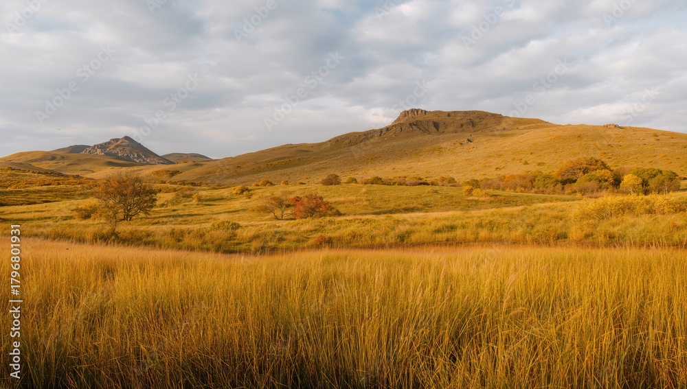 Fototapeta premium Scenic countryside with grassy meadows and mountains under a cloudy sky, emphasizing seasonal change