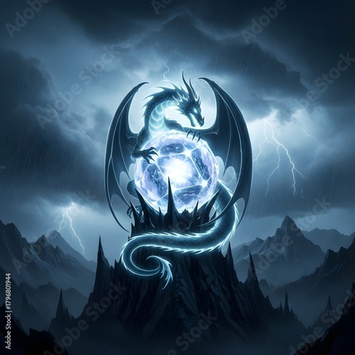 Glowing Dragon Silhouette Curled Around Crystal Orb on Mountain Peak
