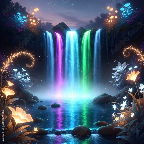 Fantasy Waterfall Flowing with Glowing Liquid Light into a Radiant Pool