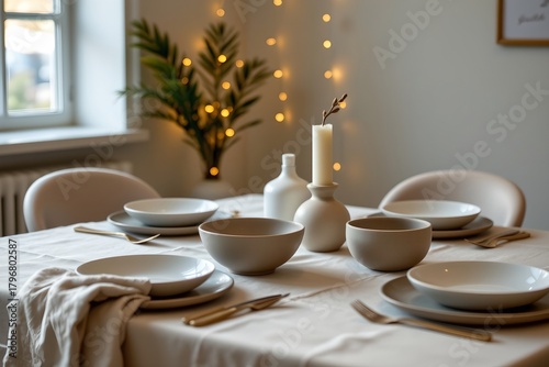 Wallpaper Mural Minimal modern table with matte dishes, beige tones, and glowing fairy lights in background. Torontodigital.ca