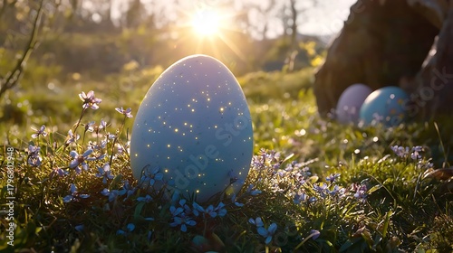 Blue pastel Easter scene with glowing sunlight and blooming tiny flowers around eggs