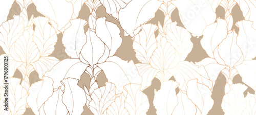 Golden iris flowers vector luxury floral background. Thin lines modern design for decor, wallpaper, and covers.