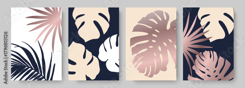 Wall decoration vector set. Tropical palm leaves and monstera leaves luxury design with rose gold elements