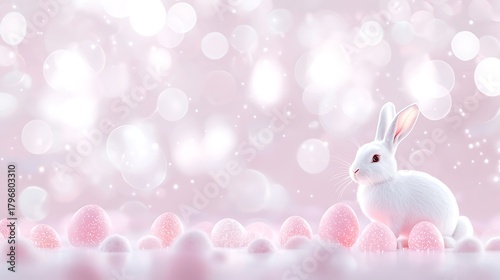 Cozy Easter setup featuring glowing eggs and bunny under pink pastel atmosphere