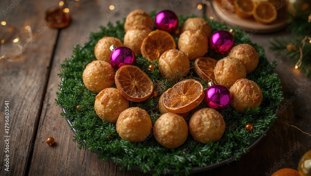 Fototapeta premium A green dish featuring festive ornaments and round, flavorful cookies accompanied by dried orange slices, seasonal celebration