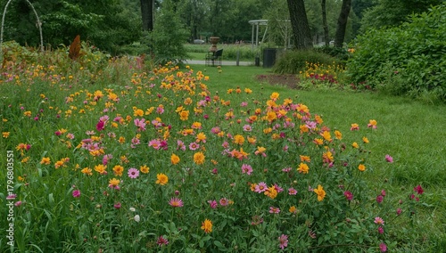 The vibrant summer flowers in the park, creating a joyful atmosphere among the lush greenery