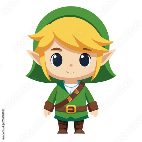Cute cartoon boy elf with green leaf and red hat smiling, a funny childhood illustration and vector clipart for Christmas holiday fun