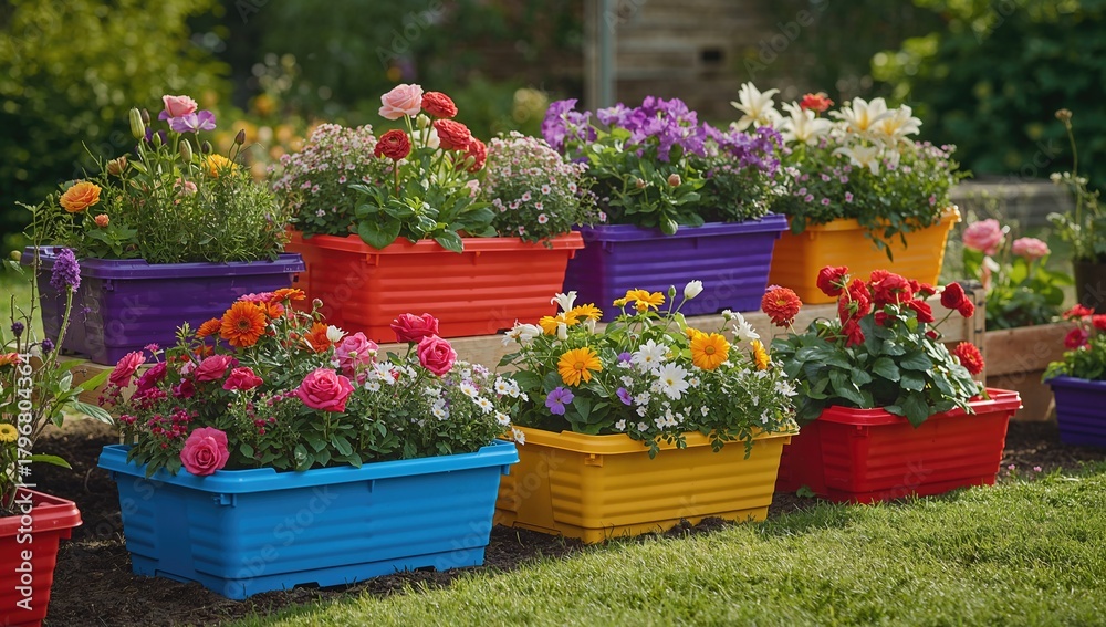 Fototapeta premium Colorful Plastic Garden Containers, ideal for planting flowers and enhancing outdoor aesthetics