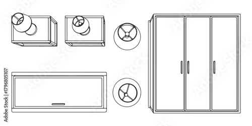 CAD Drawings. Top view of bedside tables, lamps, and wardrobes. Vector illustration.