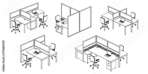 CAD Drawings. Top view of different office workstation sets — desk, swivel chair, laptop, partitions. Vector illustration.