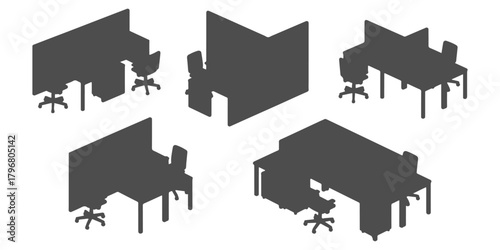 CAD Drawings. Top view of different silhouette office workstation sets — desk, swivel chair, laptop, partitions. Vector illustration.