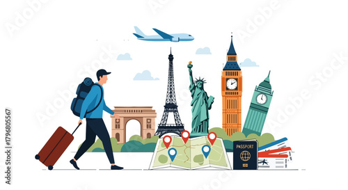 Walking Traveler Tourist Trip Tour Vector – Adventure Trip Illustration with Backpack, Suitcase, and World Landmarks